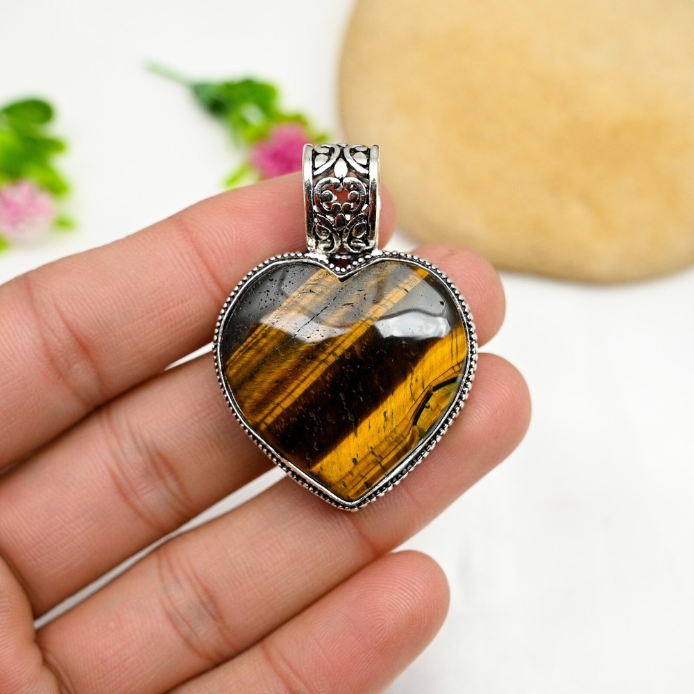 Tiger Eye Gemstone Heart Pendant 925 Sterling Silver Handmade Jewelry Love Gift