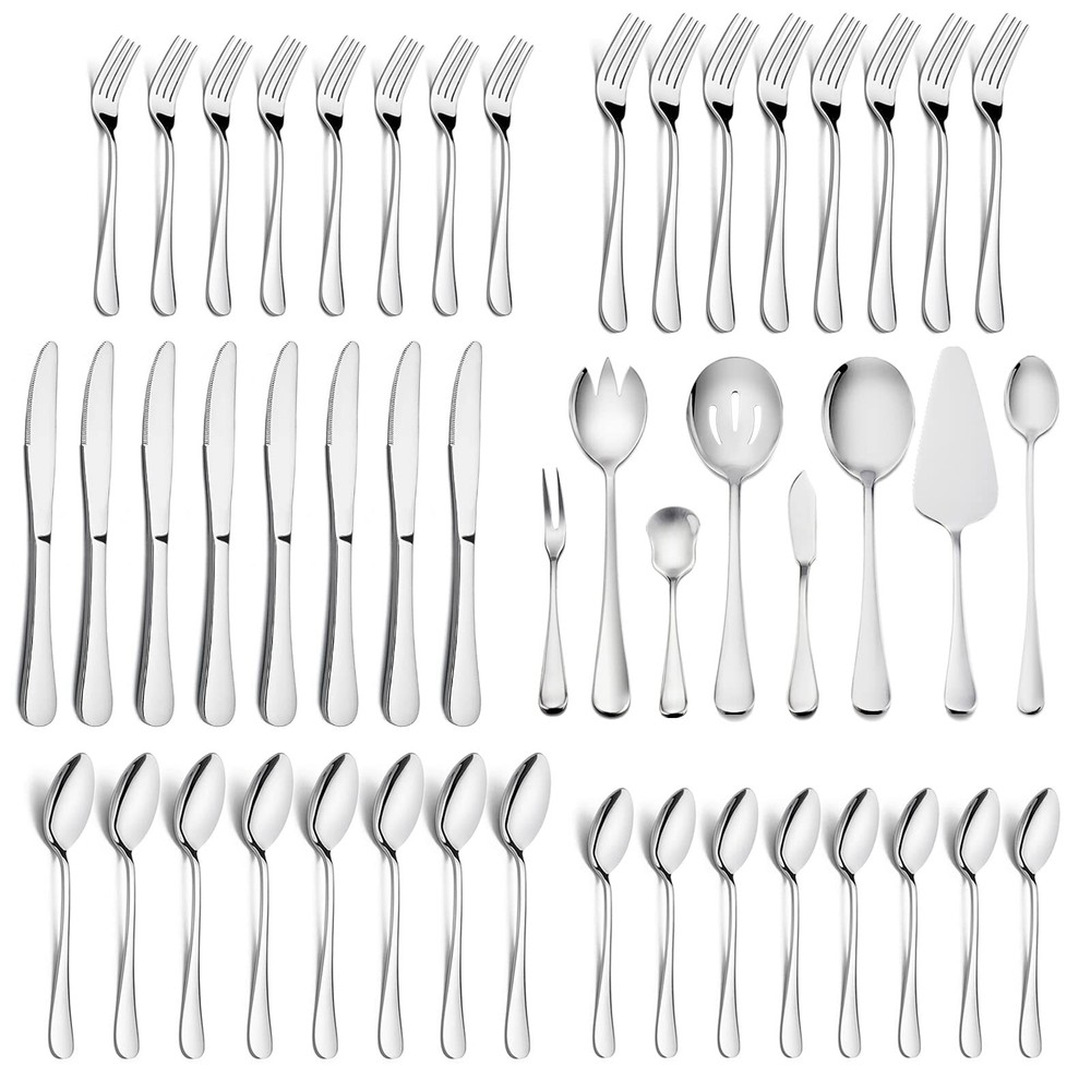 68 Pieces Silverware Set with Serving Set, Stainless Steel Modern Flatware Ea...