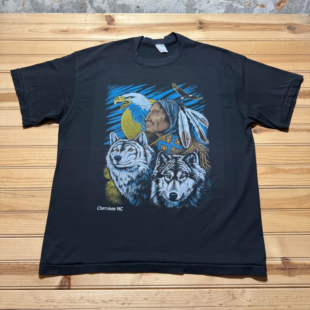 Vintage 90s Native American Wolf Eagle Tribal Cherokee NC Graphic T-Shirt Large