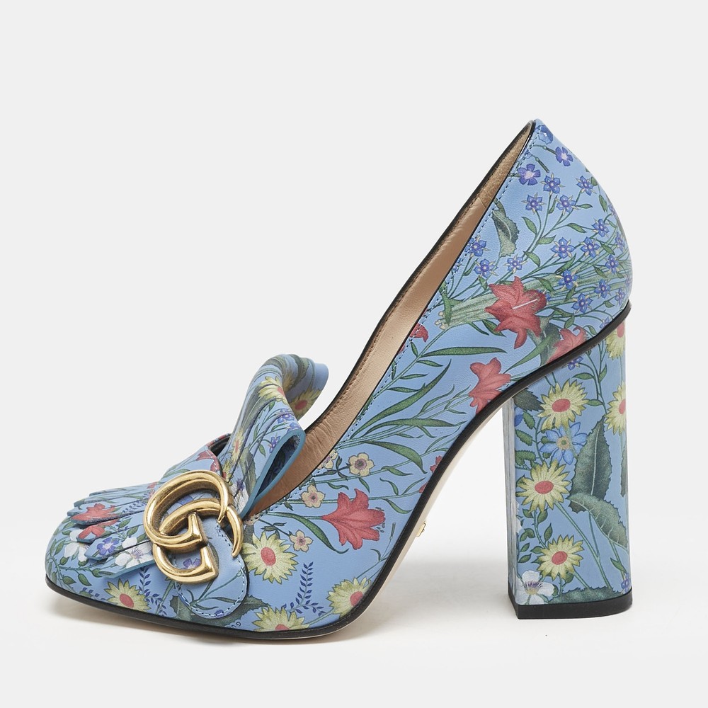 Gucci Blue Floral Print Leather GG Marmont Fringe Pumps Size 36