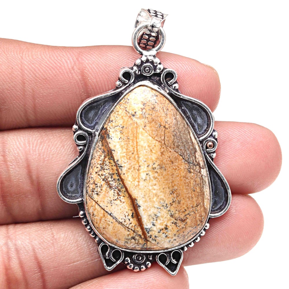 Valentines Day Silver Pendant with Picture Jasper Gemstone Handicraft 2.25 Inch