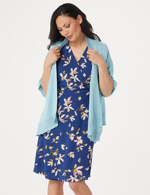 H Halston Aqua Blue Open Front Angled Hem Kimono Crochet Detail Sweater New