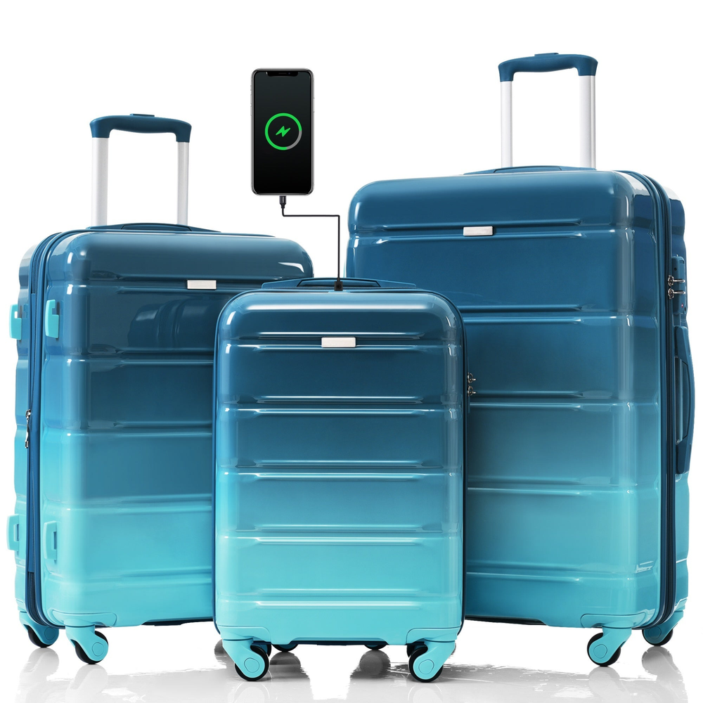 Luggage Set of 3, 20-inch with USB Port, Blue