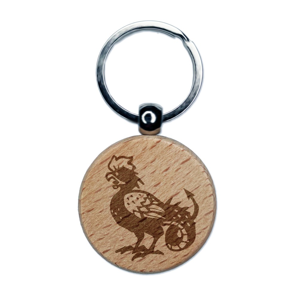 Cockatrice Mythical Monster Engraved Wood Round Keychain Tag Charm