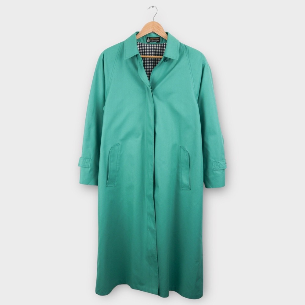 Vintage London Fog Teal Trench Coat for Women Size 14 with Belt and Checkered Lining