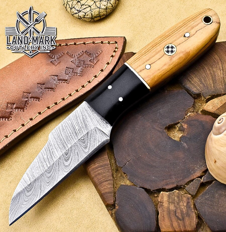 BEAUTIFUL DAMASCUS HANDE MADE HUNTING SKINNER KNIFE WITH OLIVE WOOD HANDLE