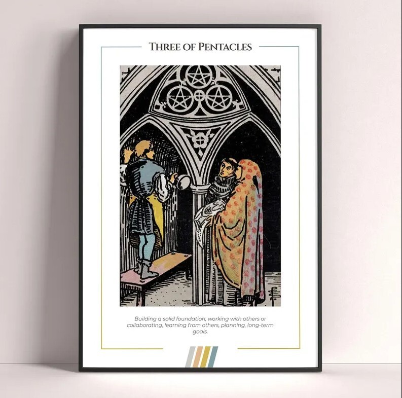 Three of Pentacles Tarot Card Poster, Tarot Art Print, Tarot Decor, Witchy Gift