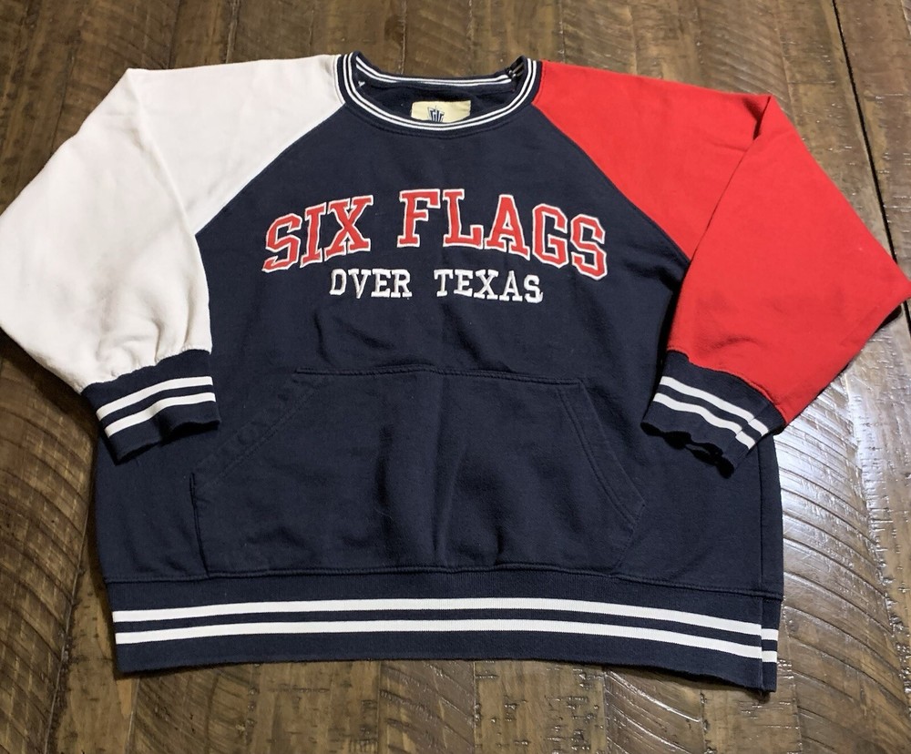 Y2K Vintage Six Flags Over Texas Pocket Crewneck Sweatshirt Large Spellout Design