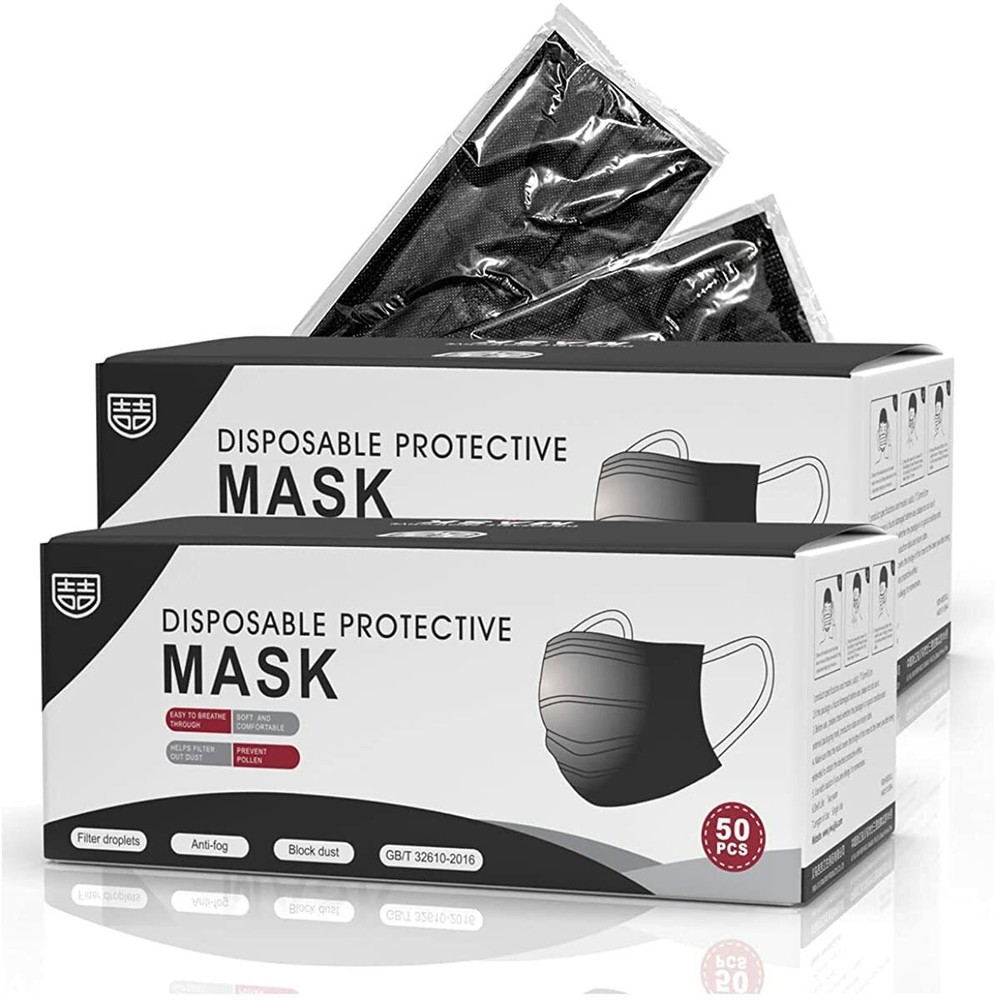 100pcs Individually Wrapped 3-Ply Disposable Face Mask Black Premium Comfort
