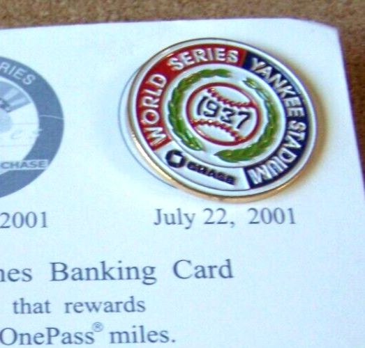 New York Yankees pin 1937 World Series Chase SGA w/ backing card WS NY c42604