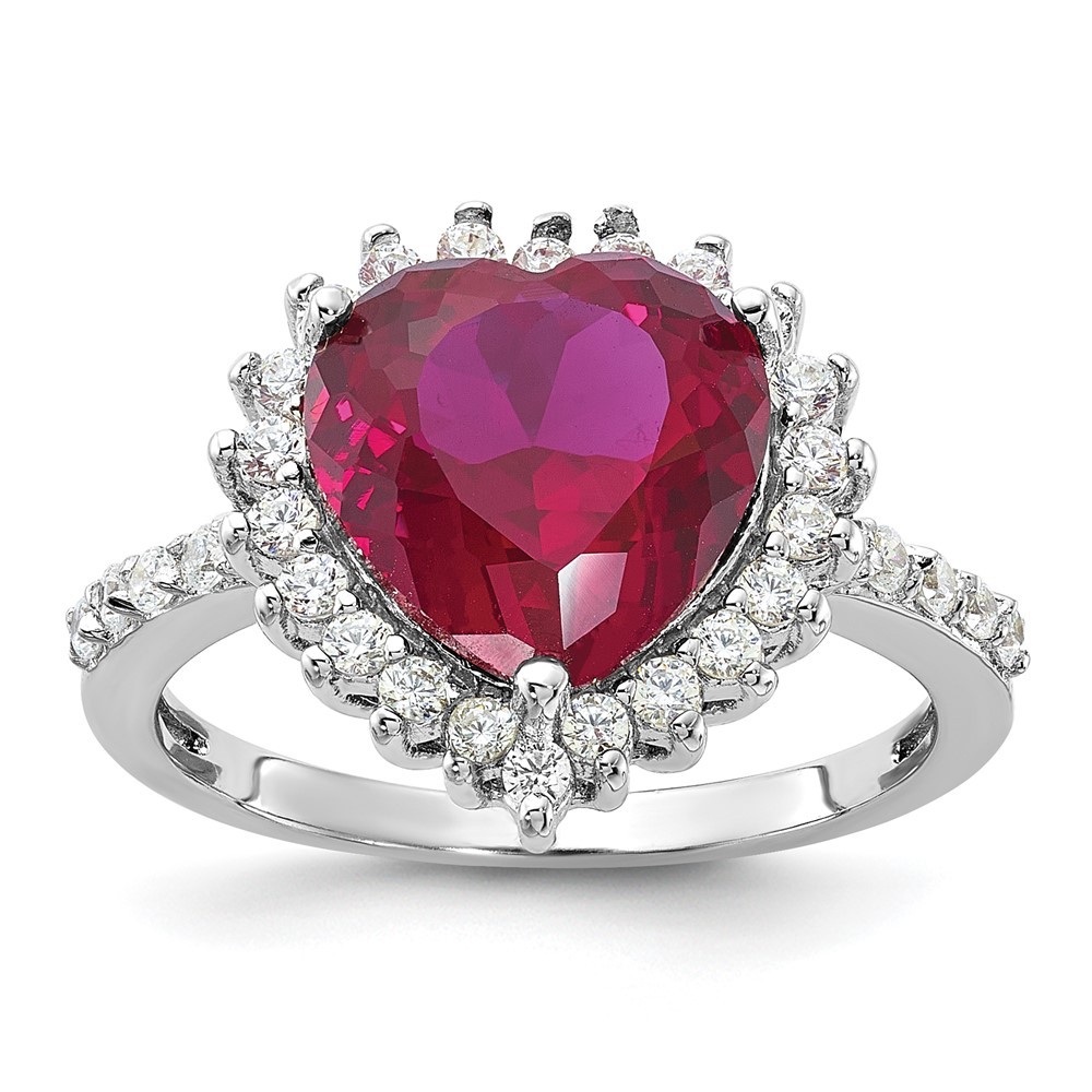 Sterling Silver Lab Created Ruby and White Cubic Zirconia Heart Halo Ring Size 7