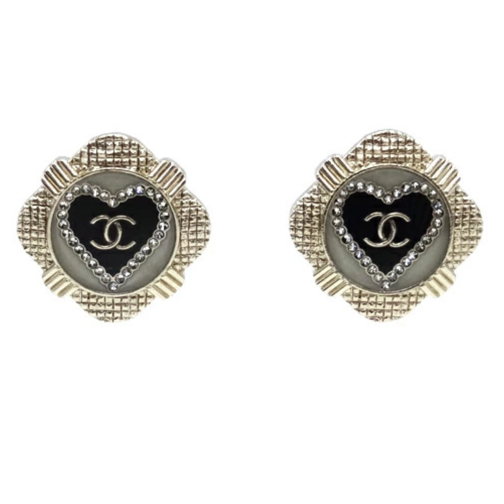 CHANEL Coco Mark Rhinestone Heart Earrings in Gold Black Authentic w Box