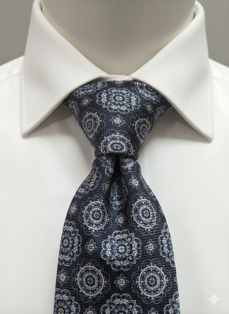 Joseph Abboud Wool Cashmere Tie Navy Blue Medallion Geometric Pattern 3.25