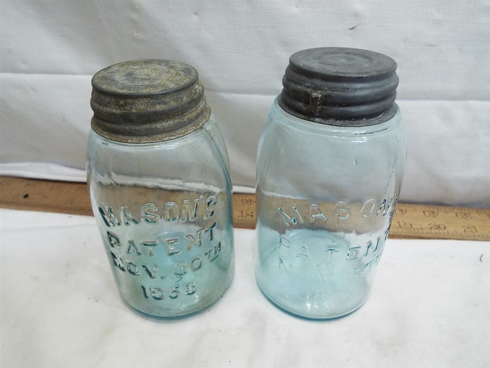 Pr Small Mouth Midget Pint Mason's Patent 1858 Fruit Jar Aqua Zinc Lid Nov 30th