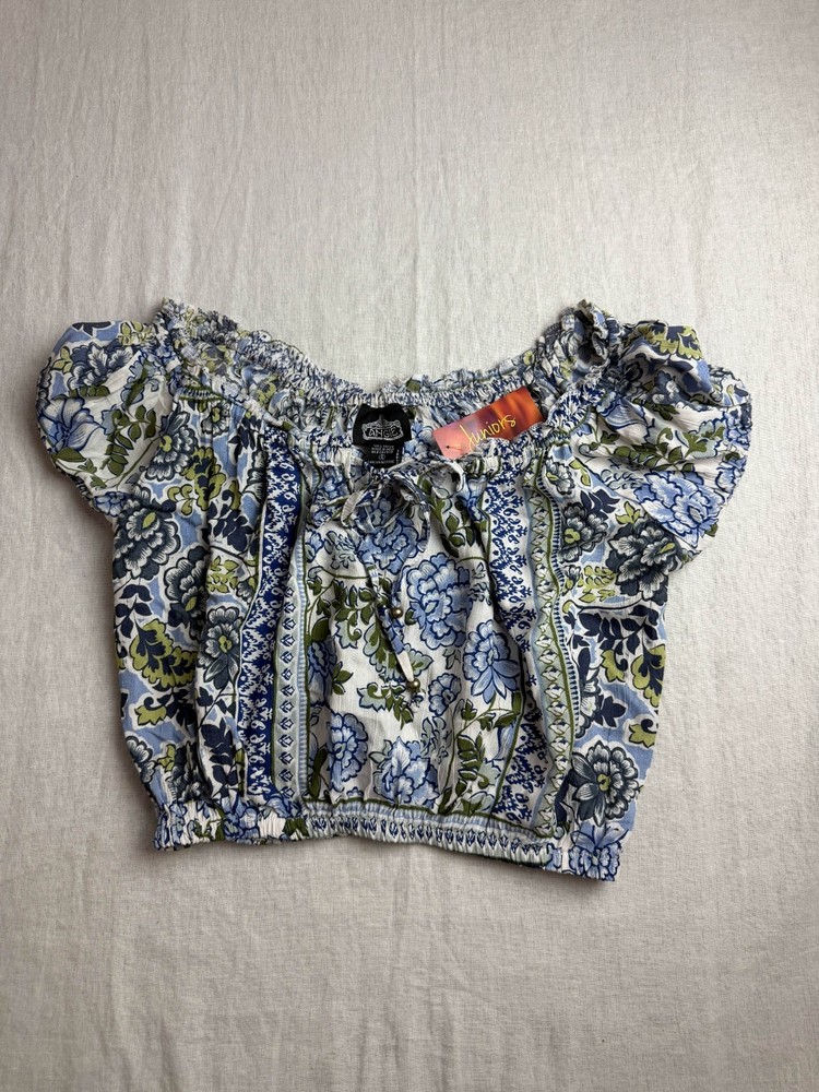 Angie Crop Top Womens S Blue Floral Boho Cottagecore Peasant Puff Sleeve NWT