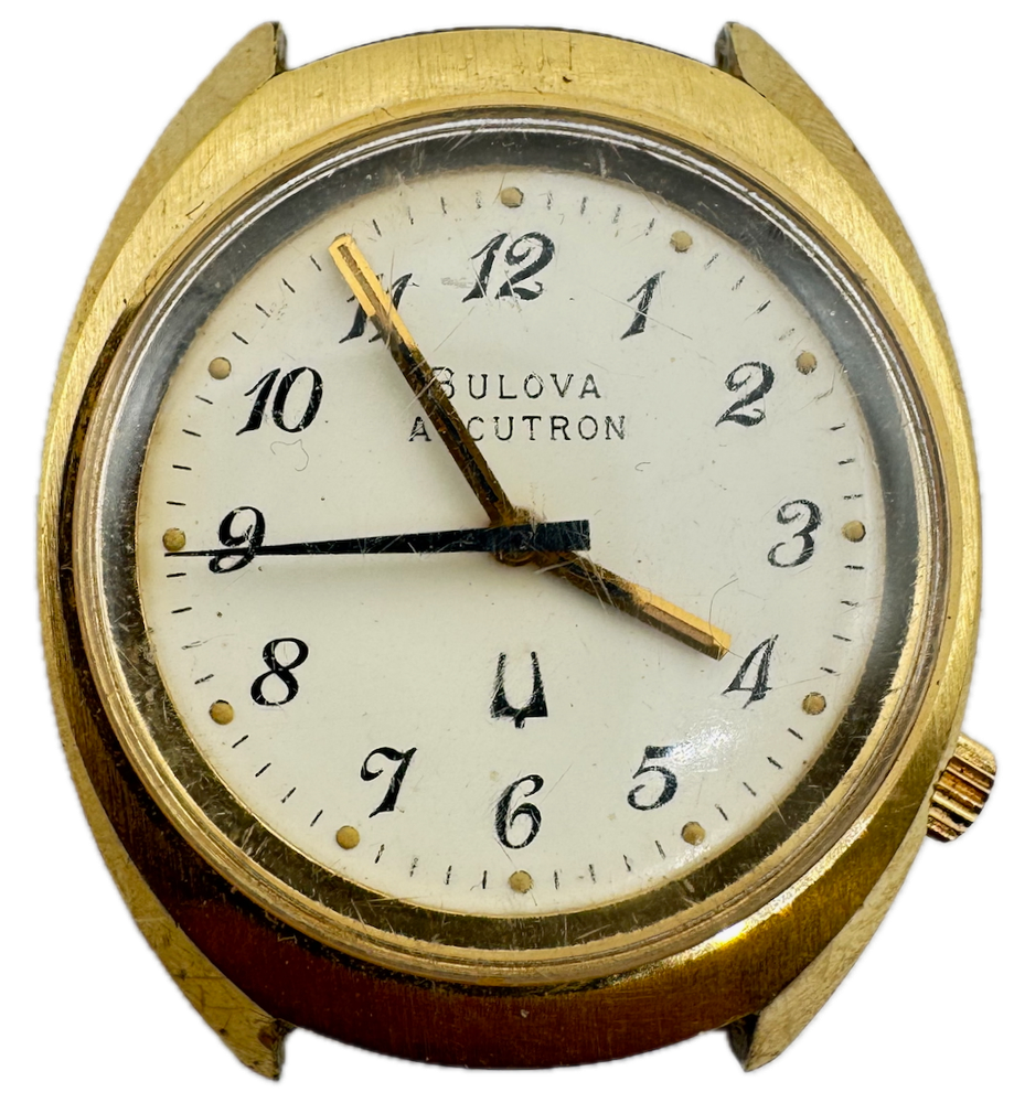 Vintage Bulova 34mm Men's Tuning Fork Watch White Dial Gold Tone 218 USA