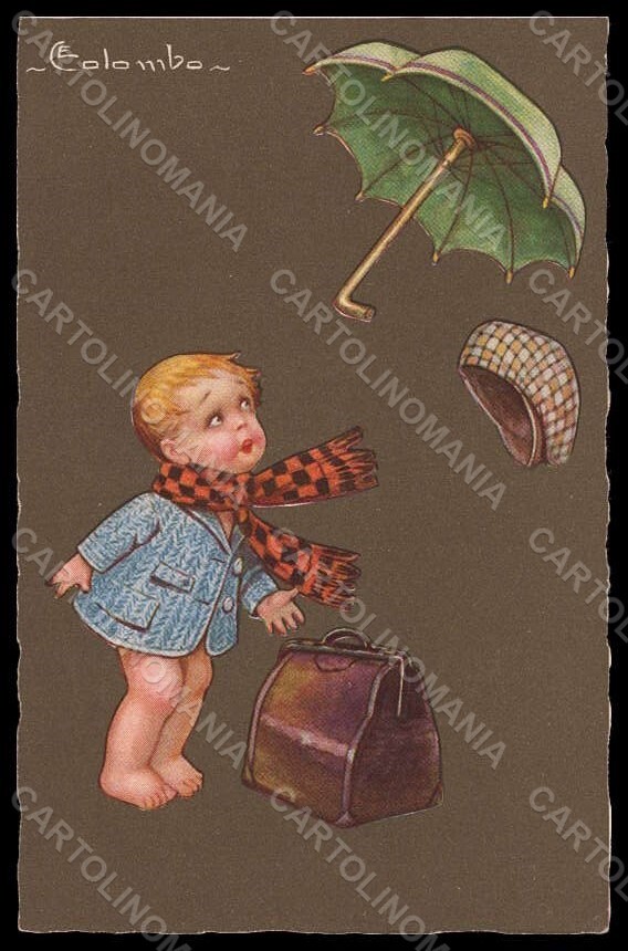 Artist-Signed 1994 Colombo Boy Umbrella Serie Postcard VK7461