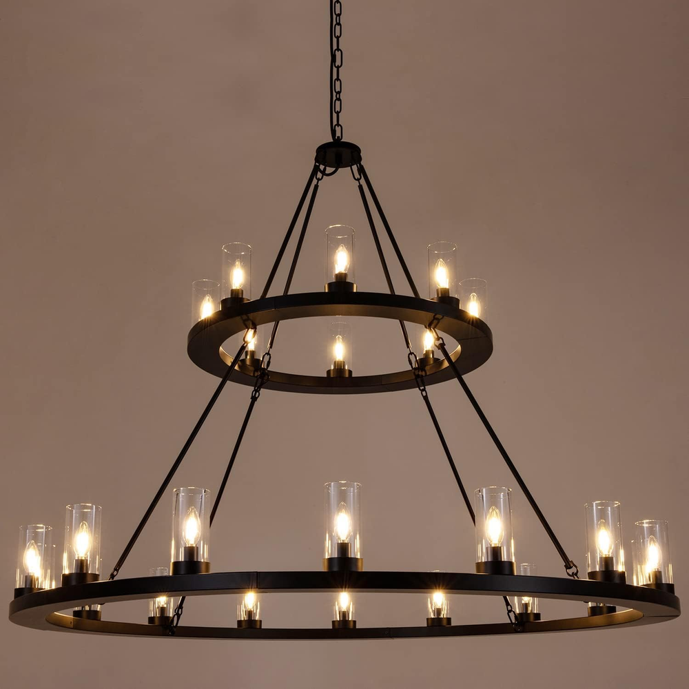 Black Chandelier for High Ceilings, 62 Inch Farmhouse round Living Room Chandeli