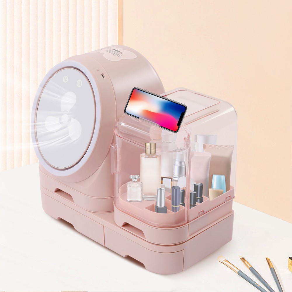 Pink LED Mirror Cosmetic Jewelry Storage Box with Lights