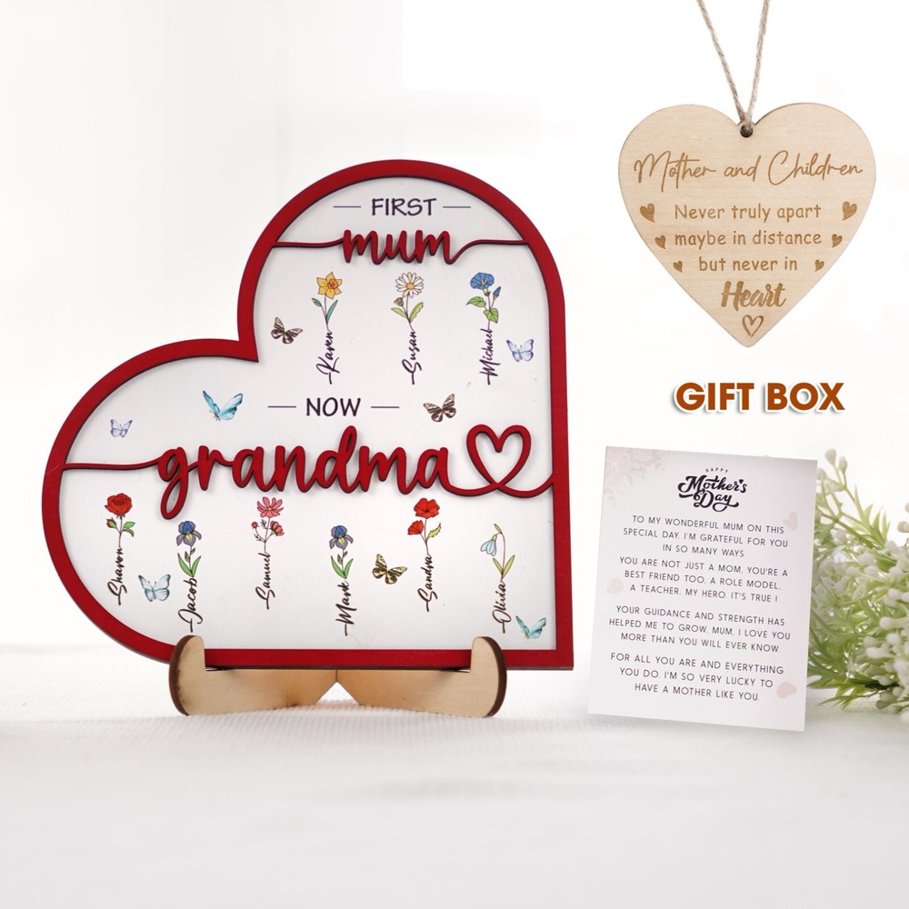 Mothers Day Gifts For Mom Grandma Birth Month Flowers Sign Heart Wooden Frame-image