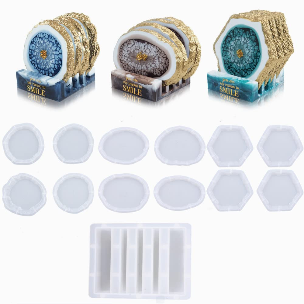13 Pcs Resin Coaster Molds, Silicone Epoxy Coaster Mold with Storage Box Mold...