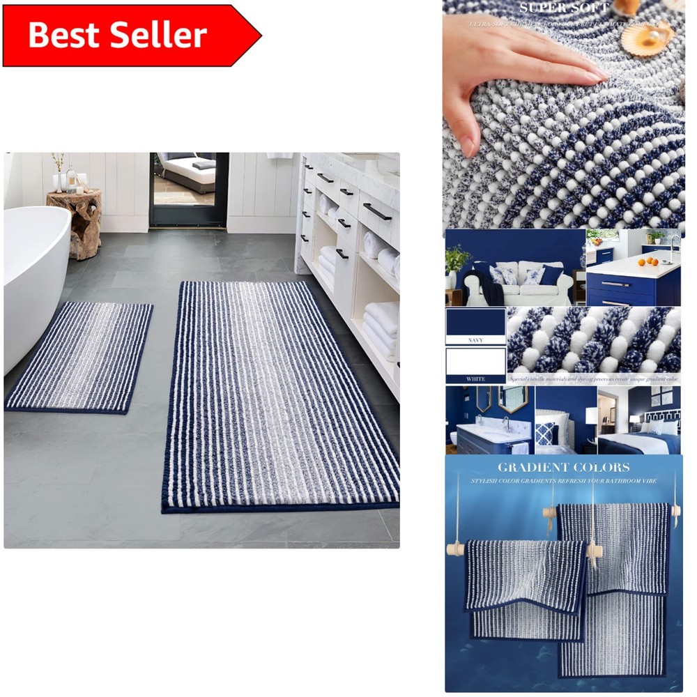 Absorbent Chenille Bathroom Rug Set - Navy 20x47 & 16x24 - 2-Piece