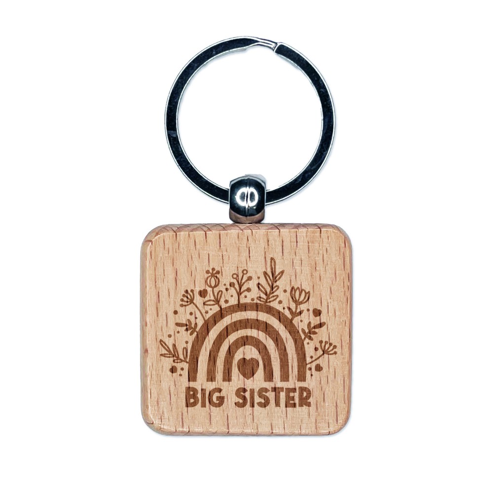 Bohemian Floral Rainbow Engraved Wood Keychain for Big Sister