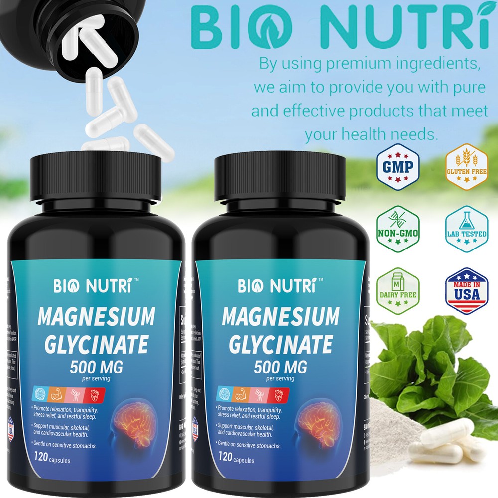 BIO NUTRI  Magnesium Glycinate 500mg 120Capsules High Absorption Stress Relief