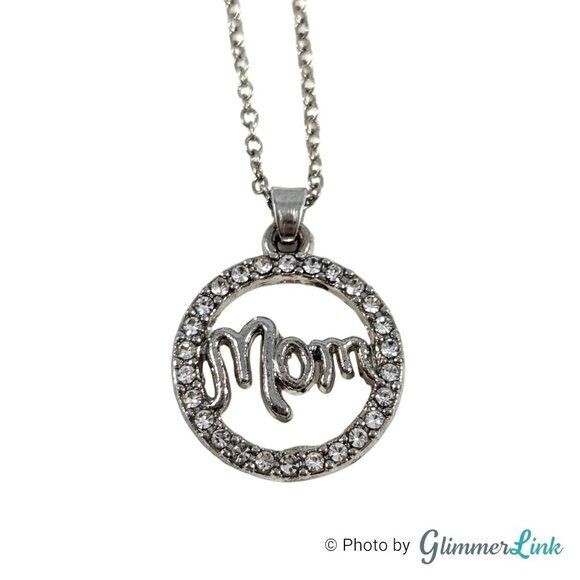 Mothers Day Round Pave Mom Halo Silver Tone Necklace-image