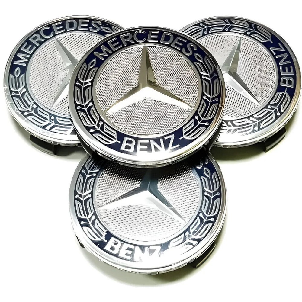 LOT 4 Hub Cover 75mm DARK BLUE For Mercedes Logo Emblem Rim Wheel Center