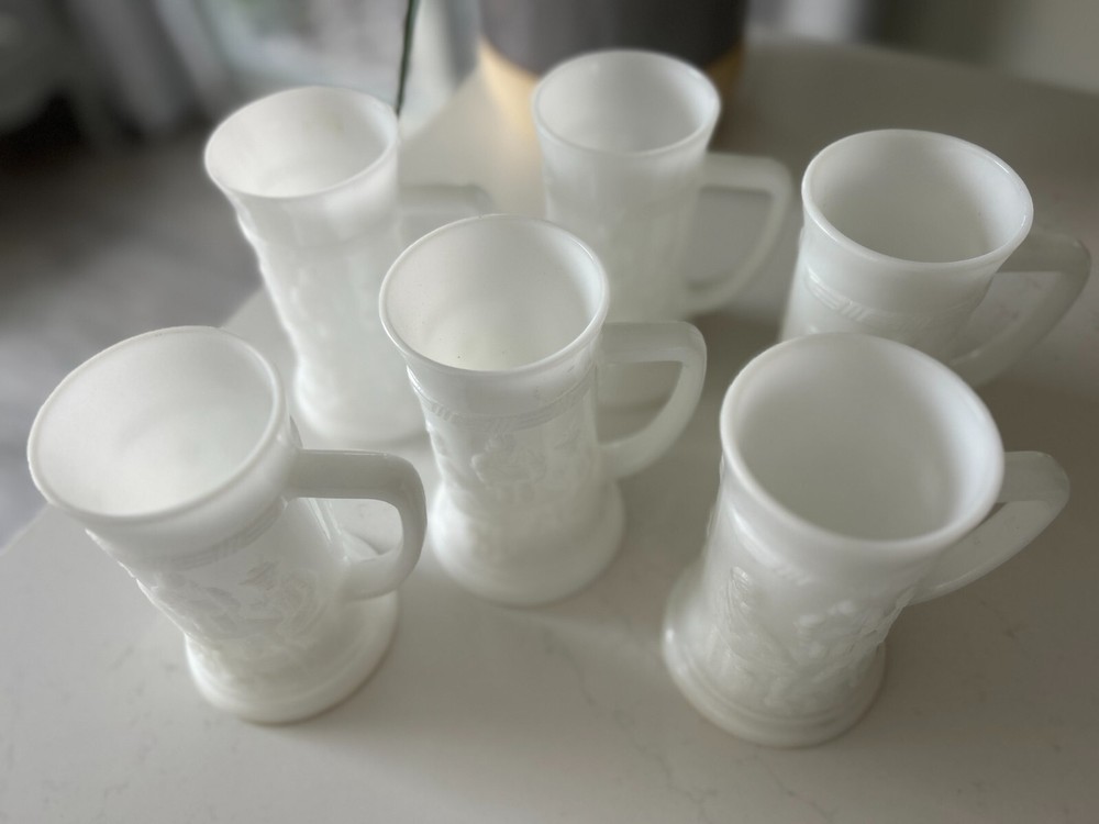Federal Milk Glass Tavern Scene Beer Steins Mugs (Set of 6) No Stamp  6