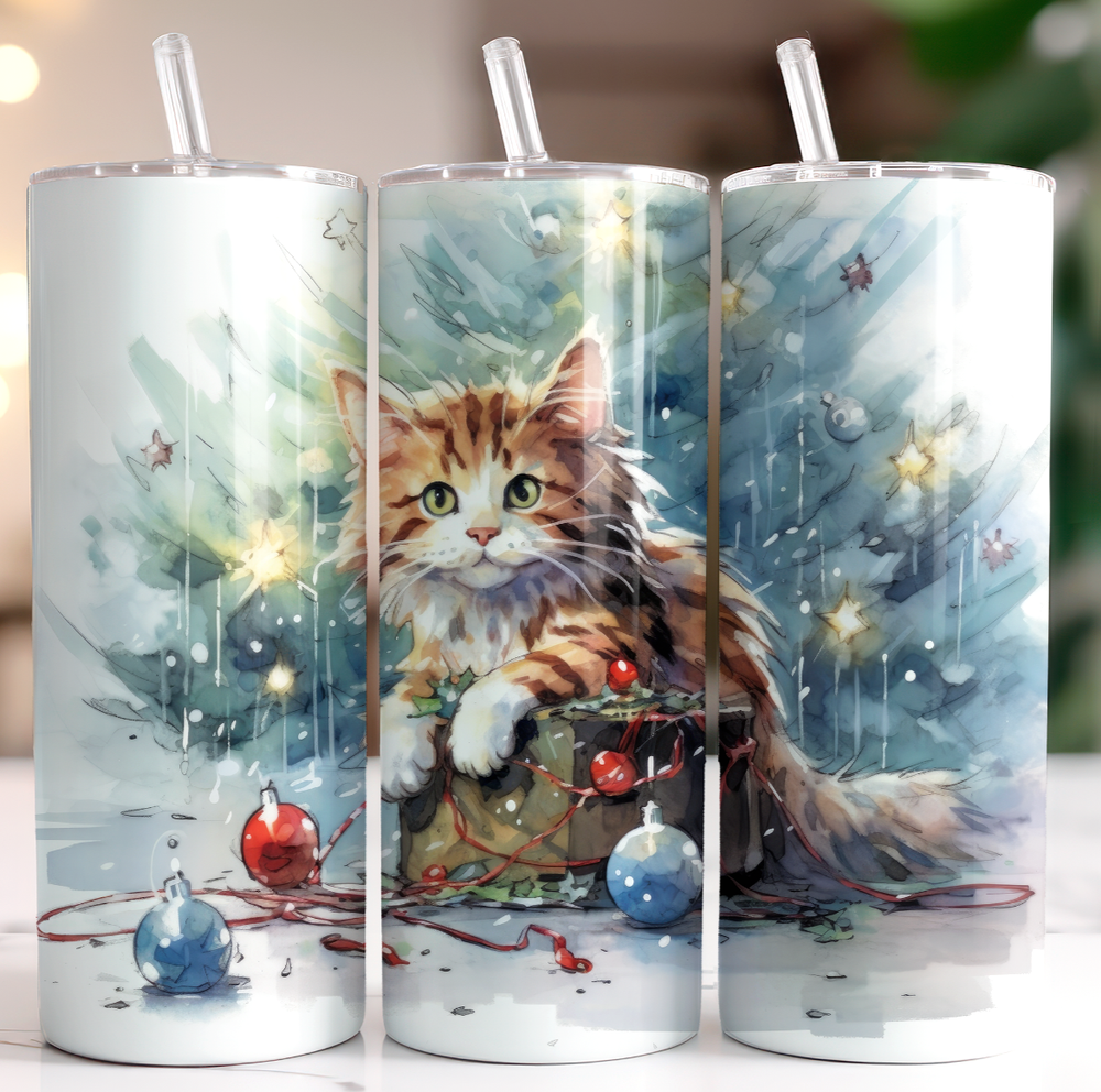 Kitten Tangled Tree Multicolor 20oz Insulated Tumbler With Box Lid Straw New
