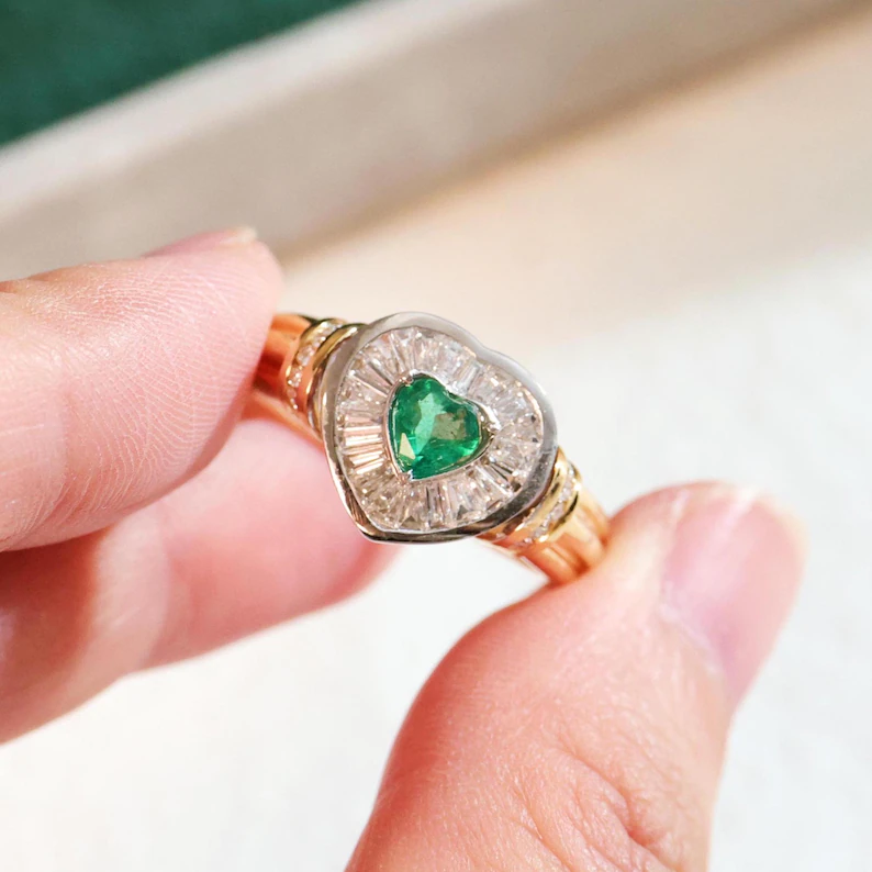 2.36 Ct Heart Cut Simulated Emerald 14k Two-Tone Gold Promise Ring