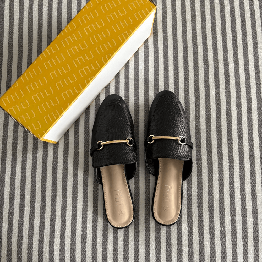 NWT Black Mules Black with Gold Buckle Size 7