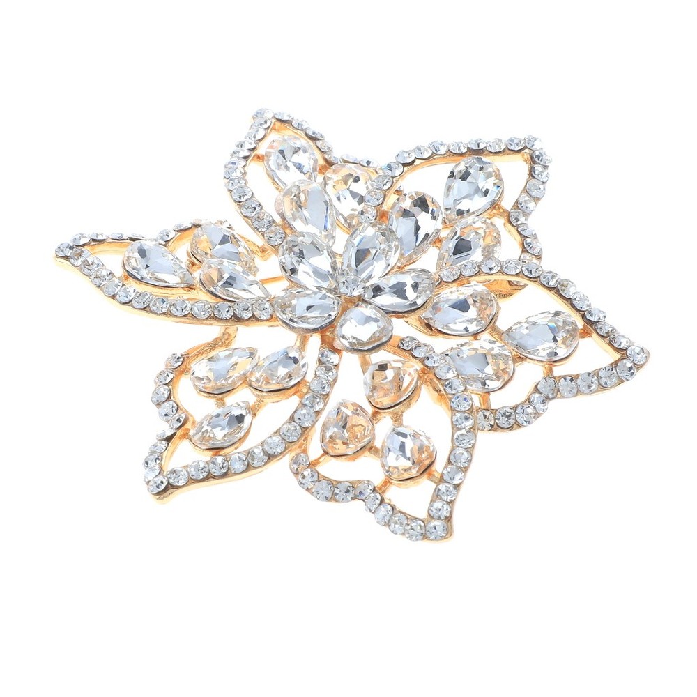 Gold Tone Metal Crystal Rhinestone Flower Brooch P1514-GCL