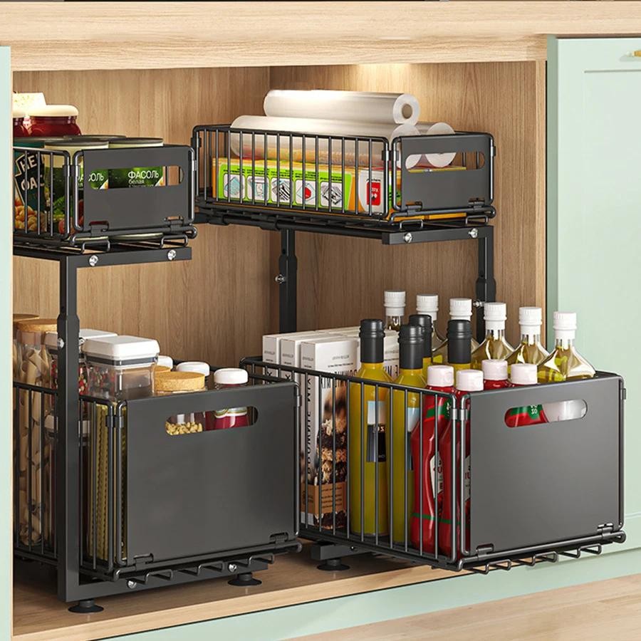 Pull-out Under Sink Organizer, 2-tier Adjustable Height Sliding Shelf for Kitche