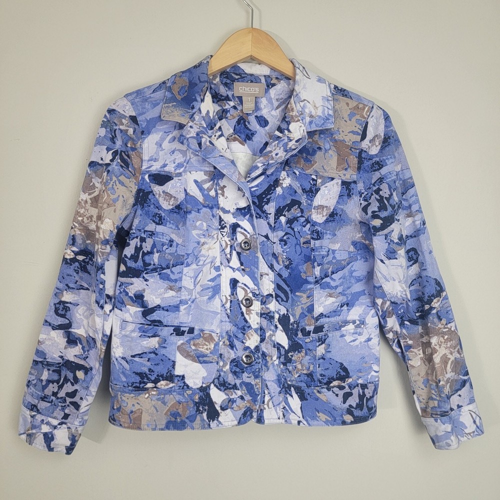 Chico's Abstract Floral Denim Trucker Jacket Button Front Pockets Collared Sz 1
