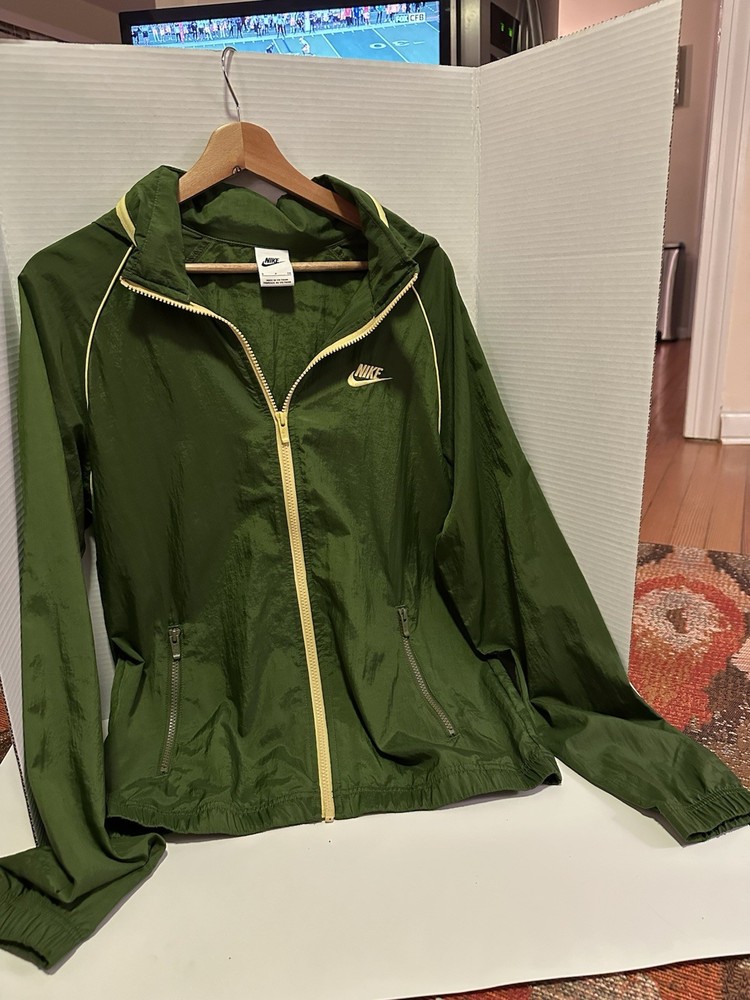 Vintage Nike Green W/ Yellow Trim Windbreaker Zip Jacket Logo Hood Size S