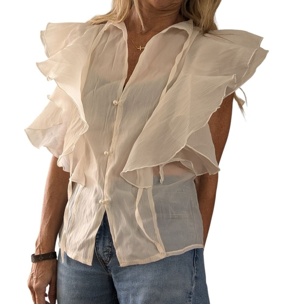 Fairycore Ivory Sheer Ruffle Sleeveless Button-Up Blouse for Women