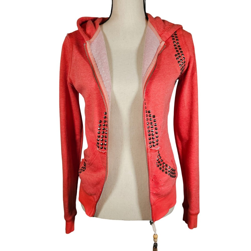 Miss Me Distressed Hooded Sweatshirt in Heather Red - Size Small