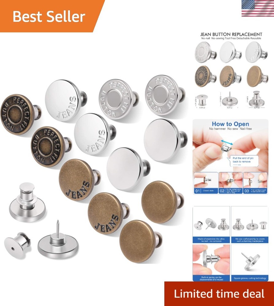 12 No-Sew Denim Button Pins for Instant Jeans Repair – 12 Sets  