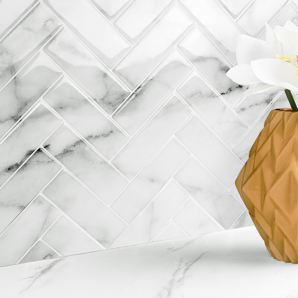 White Marble Herringbone Peel and Stick Backsplash 16 Tiles