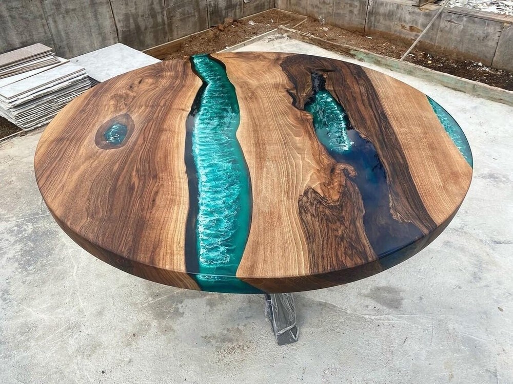 Indoor Green White Ocean Sea Round Epoxy Resin Dining Table Coffee Table Sea top
