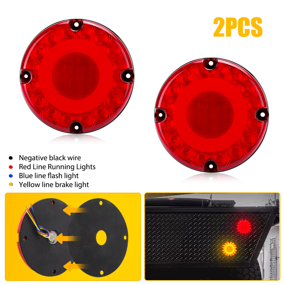 2 Red 7-Inch LED Round Tail Lights for Trucks Buses with DRL Turn Signal Brake Function