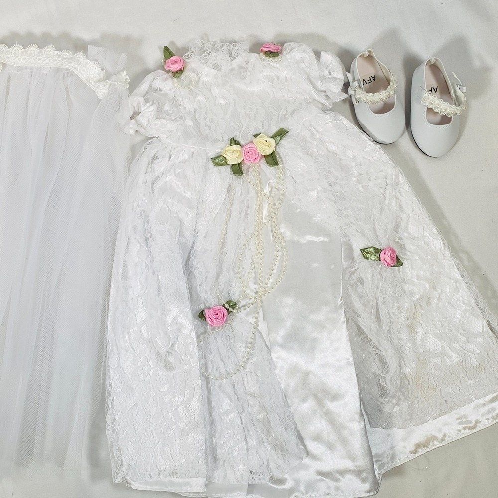 White Rose Lace Bridal/Wedding Dress, Veil, Shoes Set for 18