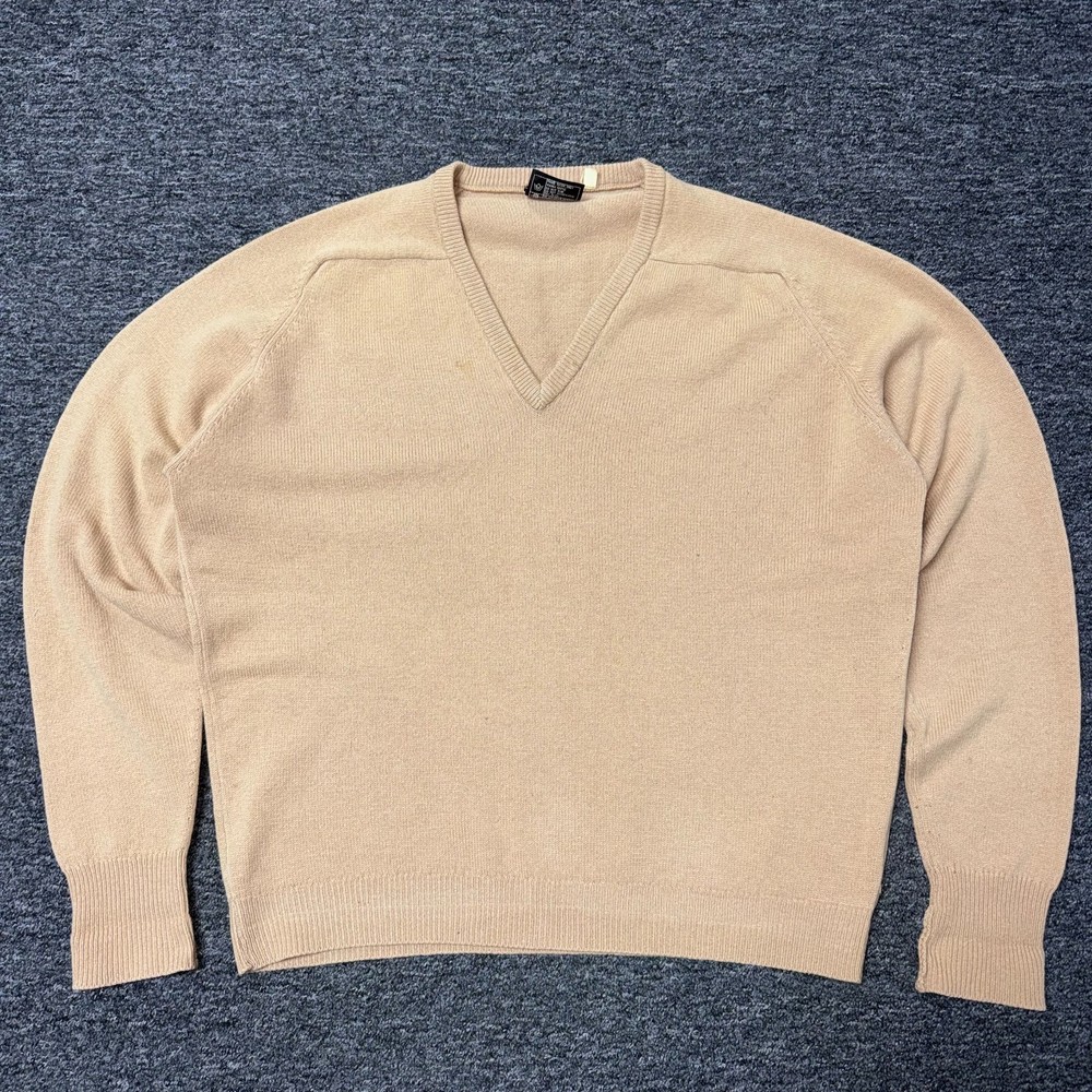 Vintage 70s Lambs Wool 100% V Neck Sweater Knitted - Mens Size XL Beige