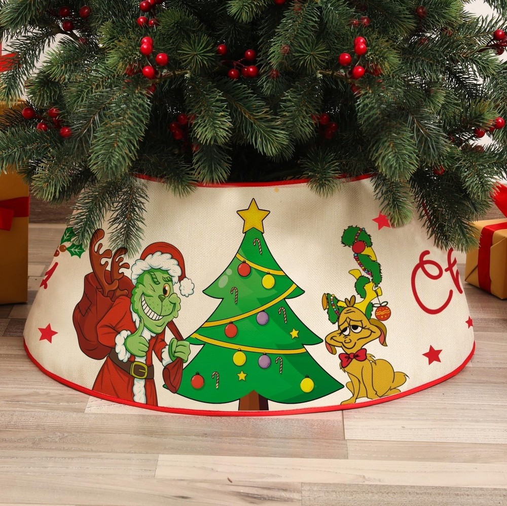 24-Inch Grinch-Themed Linen Christmas Tree Collar Skirt Base Cover  