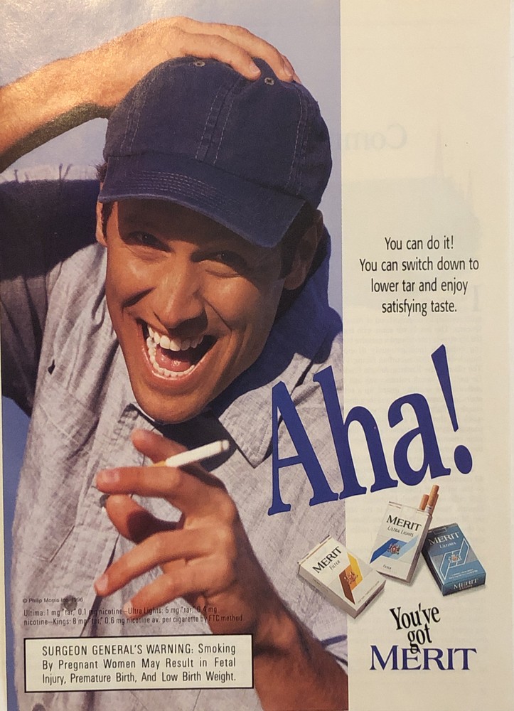 1996 Merit Cigarettes PRINT AD Aha! Satisfying Taste - You’ve Got Merit VTG 90s
