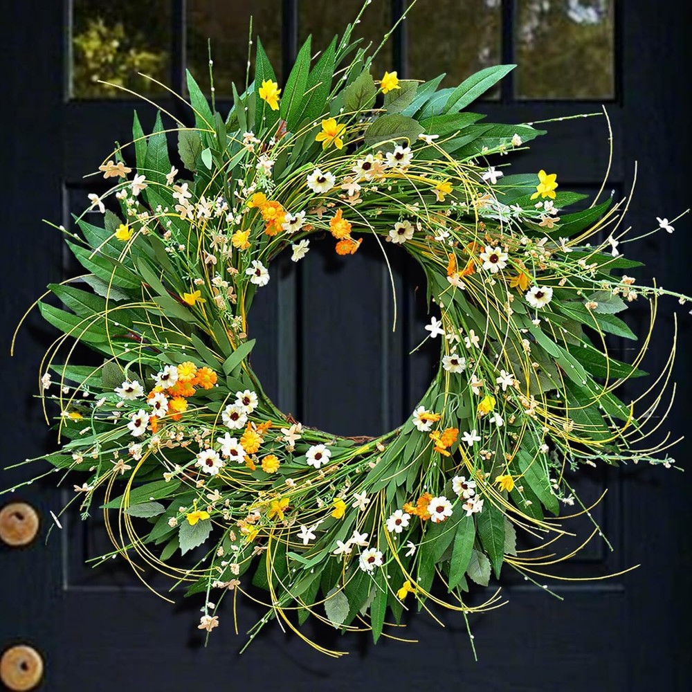 Soomeir Summer Daisy Wreath for Front Door in Yellow & Green