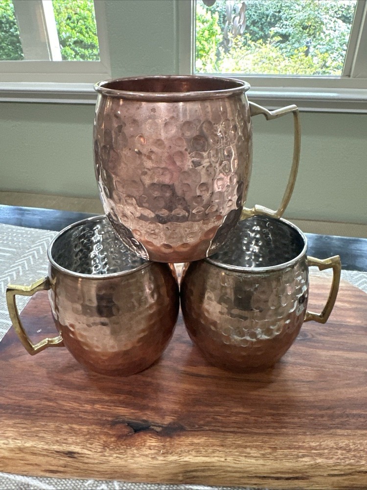 Set of 3 Hammered Copper Mugs Cups – Moscow Mule & Cocktails- Vintage Barware.